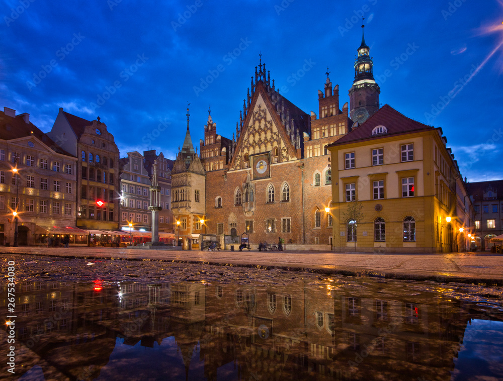 Historic Town Hall at night. Wroclaw, Poland.