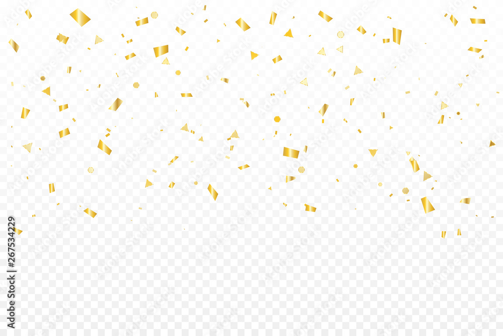 Many Falling Luxury Golden Confetti.  Birthday & Celebration. Vector Illustration