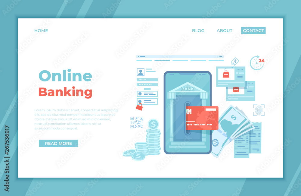 Online Internet Banking. Payment for purchases via smartphone. Fast easy securely mobile banking. Credit card transaction, financial application. Phone, money, login. landing page template or banner.