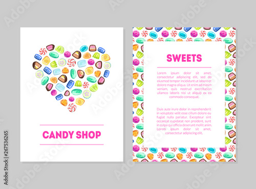 Candy Shop Banner Templates Set with Colorful Sweets and Place for Text Vector Illustration