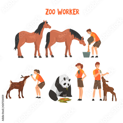 Zoo Workers Feeding and Caring of Animals, Professional Zookeepers Characters Vector Illustration