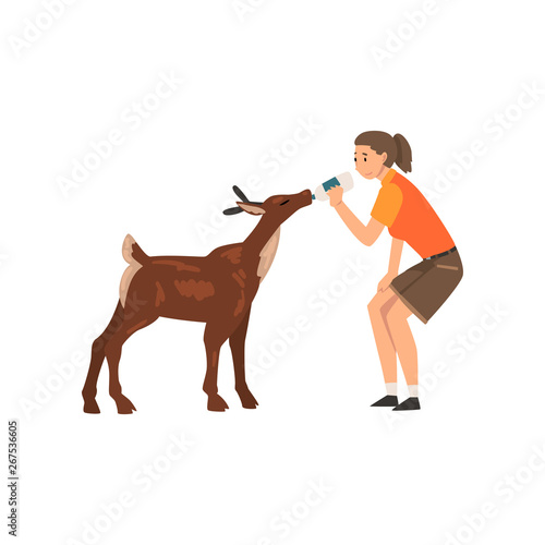 Girl Zoo Worker Feeding Baby Deer with Bottle of Milk, Professional Zookeeper Character Caring of Animal Vector Illustration