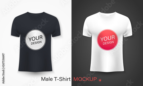 White and Black men's t-shirt realistic mockup. Vector illustration