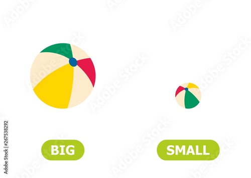 Illustration of opposites big and small ball..Card for teaching aid, for a foreign language learning. Vector illustration on white background..