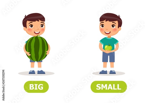 Boy with watermelon and apple. Illustration of the opposites  big and a small..Card for teaching aid, for a foreign language learning. Vector illustration on white background, cartoon style..