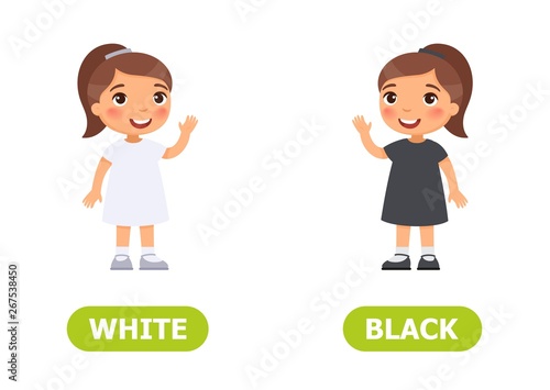 Illustration of opposites. Little girl in white and black dress..Card for teaching aid, for a foreign language learning. Vector illustration on white background..