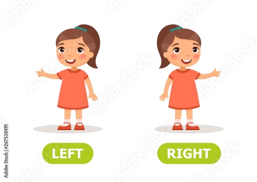 Illustration of opposites left and right. Girl shows his hand left and right..Card for teaching aid, for a foreign language learning. Vector illustration on white background.