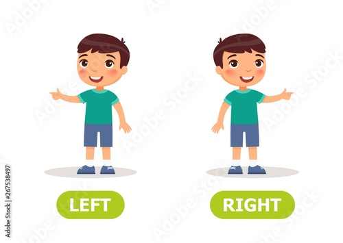 Illustration of opposites. Left and right..Card for teaching aid, for a foreign language learning. Vector illustration on white background..