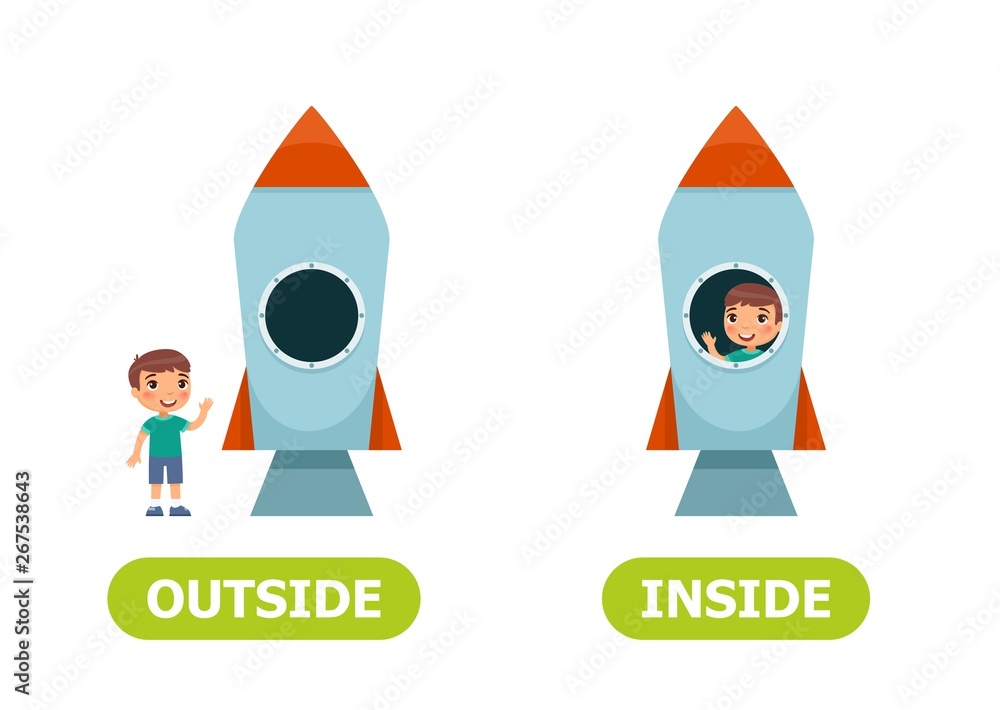 Illustration of opposites inside and outside. A boy inside the rocket and a boy outside..Card for teaching aid, for a foreign language learning. Vector illustration on white background.. Illustration of opposites inside and outside. A boy inside the rocket and a boy outside..Card for teaching aid, for a foreign language learning. Vector illustration on white background..