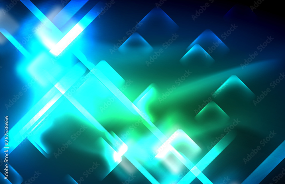 Neon glowing techno lines, hi-tech futuristic abstract background template with square shapes Neon glowing techno lines, hi-tech futuristic abstract background template with square shapes