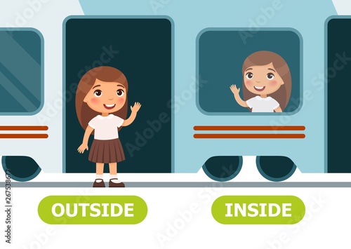 Little girl on the train and outside.  Illustration of opposites inside and outside. .Card for teaching aid, for a foreign language learning. Vector illustration on white background, cartoon style..