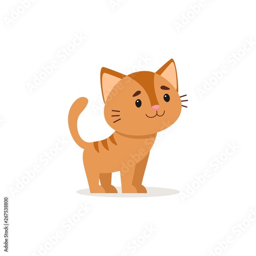 Ginger kitty standing and smiling. Vector illustration on white background, cartoon style.
