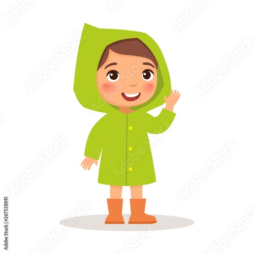 Little girl standing in a green raincoat and orange rubber boots. Vector illustration on white background, cartoon style.