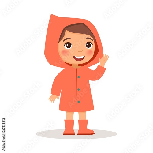 Little girl standing in a coral raincoat and rubber boots. Vector illustration on white background, cartoon style.