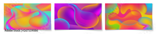 Set of horizontal abstract vibrant multicolor background with liquid shapes. Wallpaper template is neon rainbow colors. Vector illustration.
