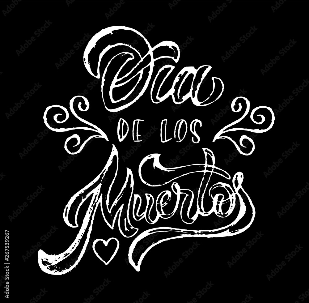 Hand sketched white Dia de los Muertos typography lettering with flourish elements isolated on black background. Vector illustration.