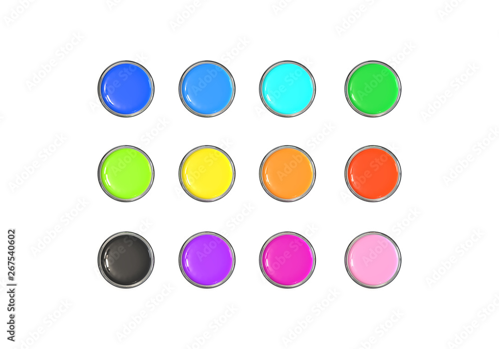 Multicolored 3d round buttons web set with metallic silver frame. Top view. Isolated illustration on transparent background.