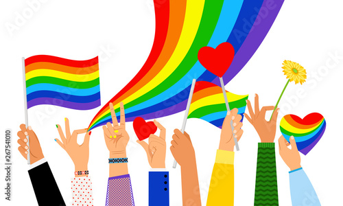 Lgbt hands. Hand holding pride flag or transgender sign isolated on white background, vector illustration