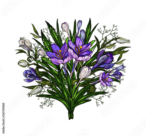 Vector illustration of easter floral bouquet of lilies and crocuses with bow in vintage style isolated on white