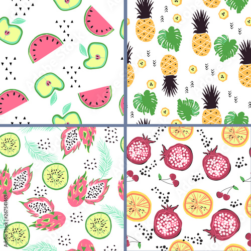 Set of four seamless patterns with bright doodle style fruits