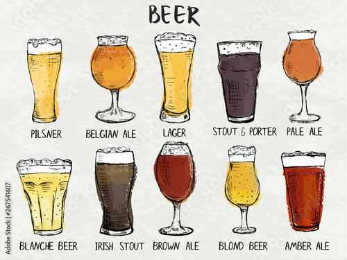 Hand drawn det of different types of glasses for beer photo