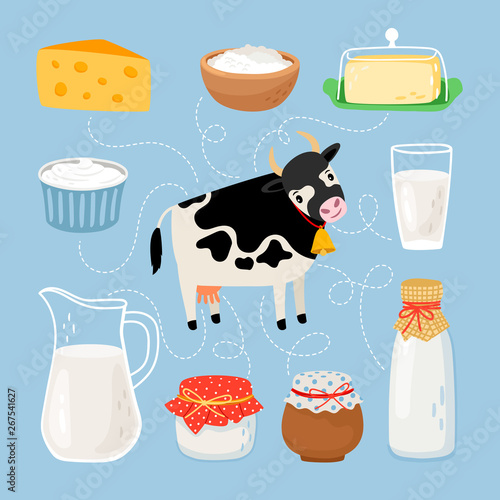 Cow and dairy products. Milk product products around cow, cheese slab and yogurt bottle, fresh cream and butter cartoon vector illustration