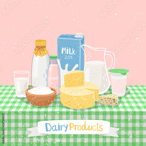 Dairy products on table. Cottage cheese and milk, butter and fresh curd on green on checkered tablecloth vector illustration