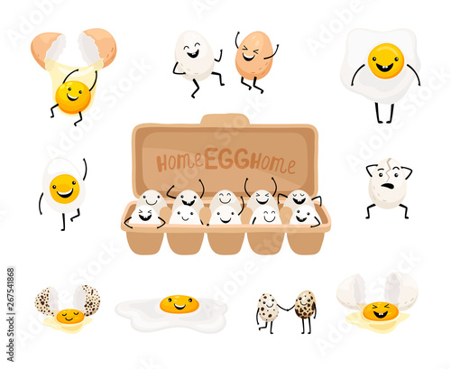 Cute egg faces. Easter eggs friends with funny face vector set, friendly caricature breakfast egg persons isolated on white background