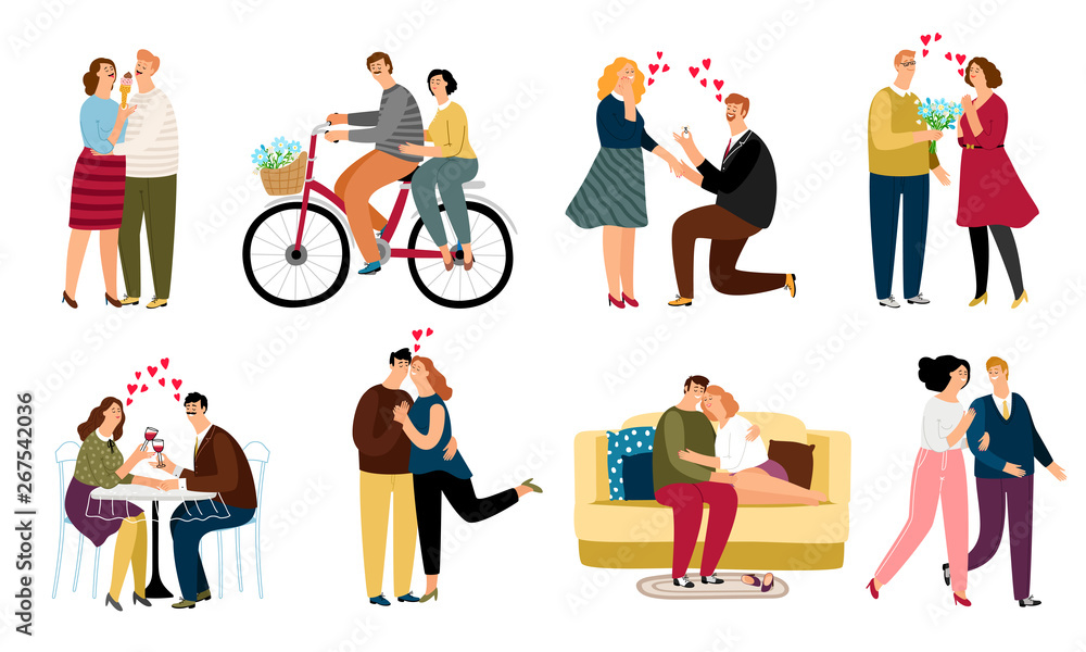 People in love, daiting couples icons set on white background, vector illustration