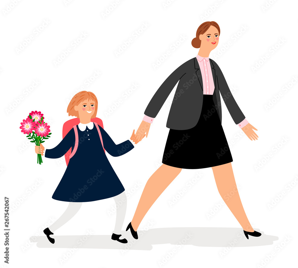 Woman and girl going to school, mother and daughter walking, vector illustration