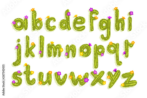 Latin alphabet made of green cactus with blooming flowers. English letters from A to Z. Flat vector font for poster, greeting card or children print