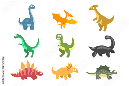 Flat vector set of cartoon dinosaurs. Funny animals of Jurassic period. Elements for postcard  children book  sticker or mobile game