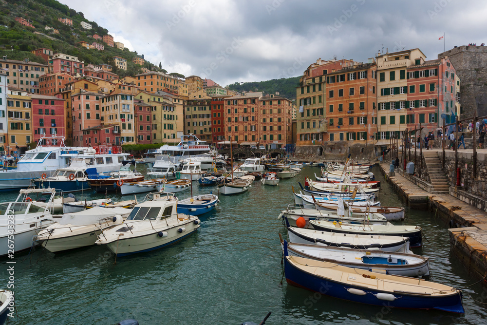 View of the Camogli's city on the Ligurian Riviera in Italy whit its porto.