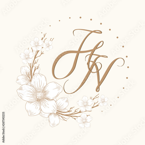 Luxury wedding monogram frame for letter HN beautiful handwriting. Design element for invitation, wedding, greeting cards. Identity label for restaurant, boutique, heraldry, business. Hand drawn style