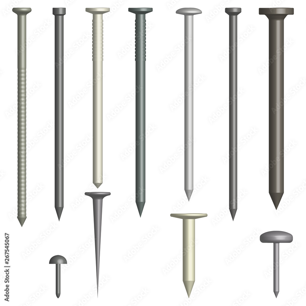Set of various metal nails, vector illustration. Set of various metal nails, vector illustration.
