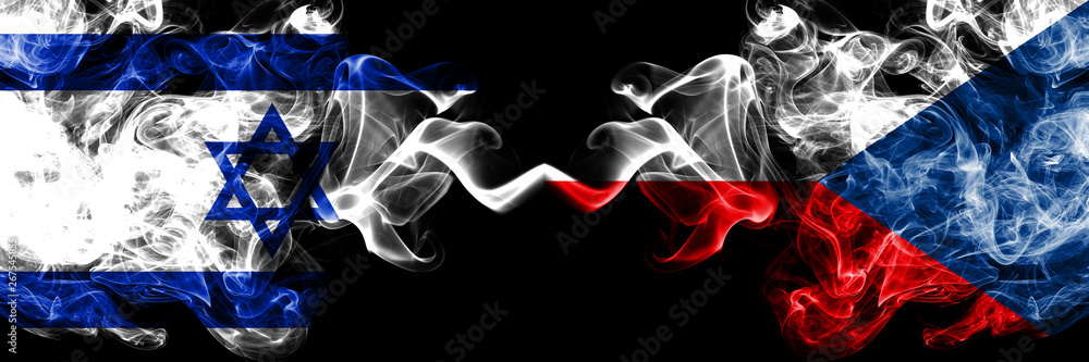 Fototapeta premium Israel vs Czech Republic smoky mystic flags placed side by side. Thick colored silky smokes flag of Israel and Czech Republic
