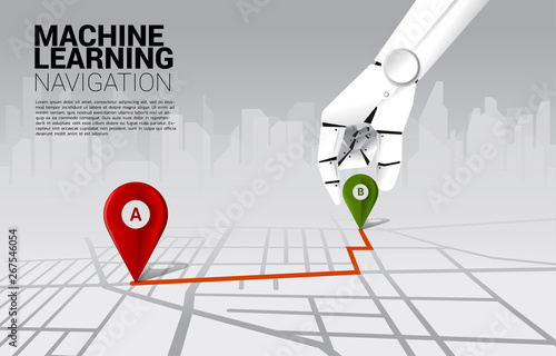 close up hand of robot place location pin marker on direction route on road map. concept of a.i. learning machine and navigation system.