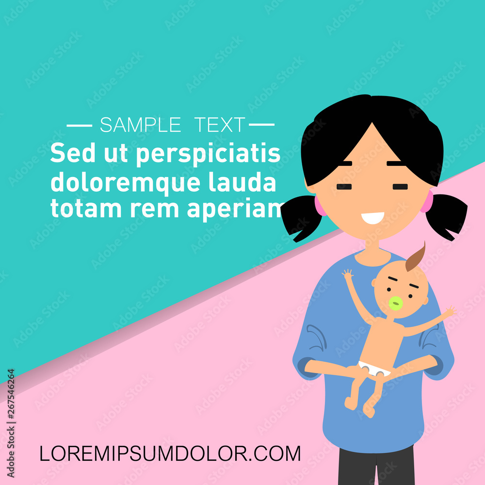 Young character parent holding a baby. Loving mom.Pastel backgrond with sample text.Flat cartoon design Young character parent holding a baby. Loving mom.Pastel backgrond with sample text.Flat cartoon design
