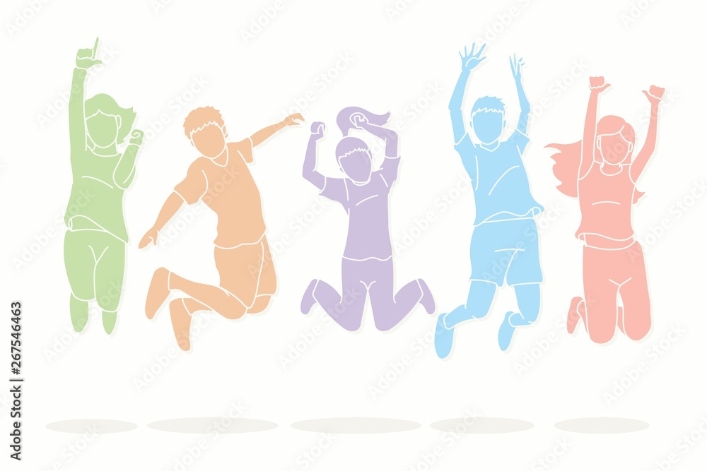Group of children jumping, Happy Feel good cartoon graphic vector.