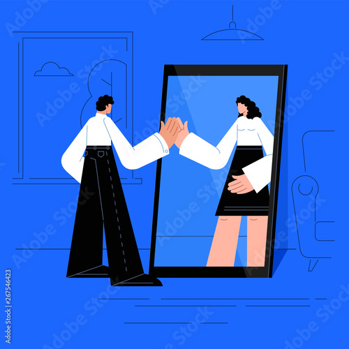 Man transgender looking in a mirror and seeing a woman