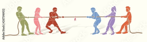 Children playing tug of war cartoon graphic vector