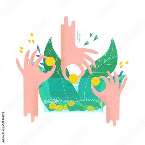 Hands holding coins and putting them into money box. Concept of charity project, donation service, fundraising program, nonprofit organization, financial endowment. Modern flat vector illustration.