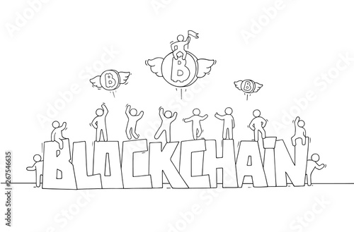 Sketch of little people with word Blockchain