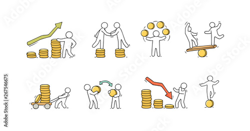 Sketch set with little people and coins.