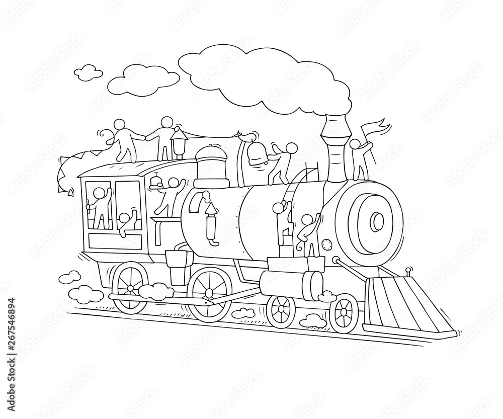 Sketch of little people on train