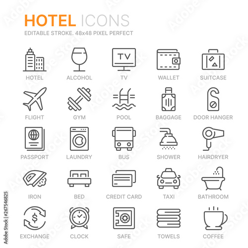 Collection of hotel line icons. 48x48 Pixel Perfect. Editable stroke