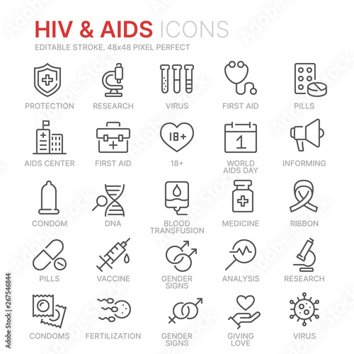 Collection of HIV and AIDS line icons. 48x48 Pixel Perfect. Editable stroke