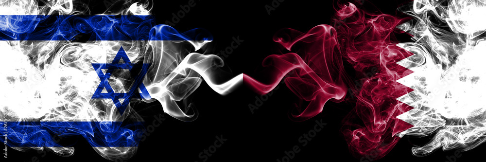 Fototapeta premium Israel vs Qatar, Qatari smoky mystic flags placed side by side. Thick colored silky smokes flag of Israel and Qatar, Qatari