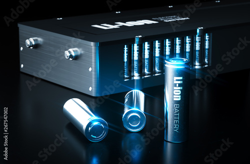 Modern lithium ion battery technology concept. Metal Li-Ion battery cells with electric vehicle battery pack on black background. 3d illustration.