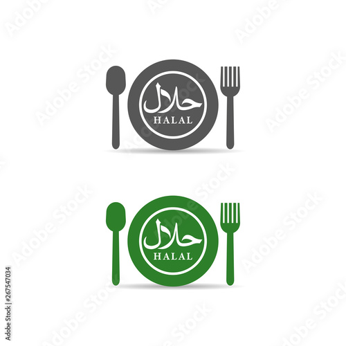 Halal logo design with spoon, plate and fork vector illustration. Halal food emblem certificate tag. Food product dietary label on white background.